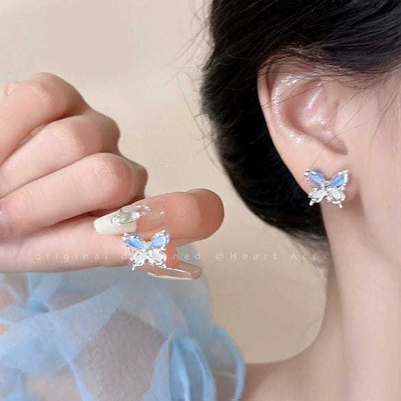 Wholesale Alloy 925 Silver Needle Insects Animals Style Pink Butterfly Cat's Eye Stone Electroplated Women's Earrings