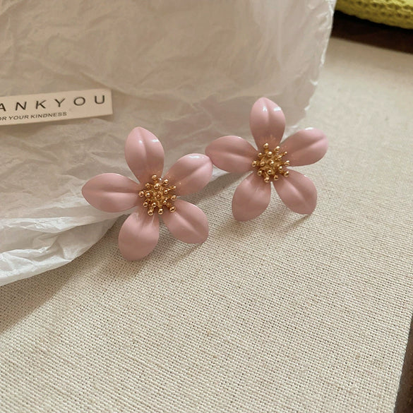 Wholesale Alloy Silver Pink Sweet Flower Ear Studs With Electroplating For Women Mori Cute Joker Design