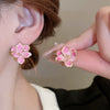 Wholesale Alloy Silver Pink Sweet Flower Ear Studs With Electroplating For Women Mori Cute Joker Design