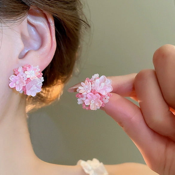 Wholesale Alloy Silver Pink Sweet Flower Ear Studs With Electroplating For Women Mori Cute Joker Design