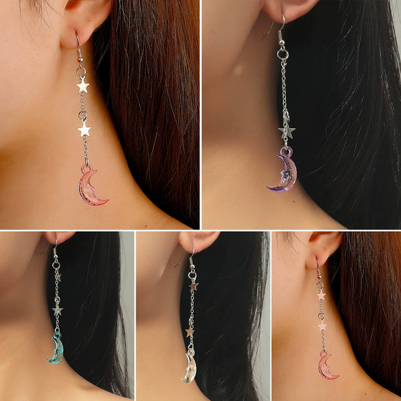 Wholesale Alloy Simple Moon And Star Women's Fashion Long Tassel Earrings With Electroplating