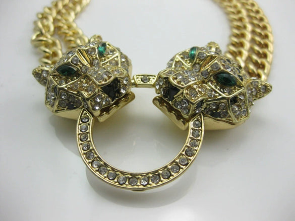 Wholesale Alloy Snake Bone Chain Necklace With Leopard Head Full Diamond Pendant Animal Zodiac Style