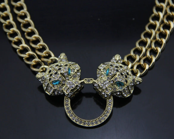 Wholesale Alloy Snake Bone Chain Necklace With Leopard Head Full Diamond Pendant Animal Zodiac Style