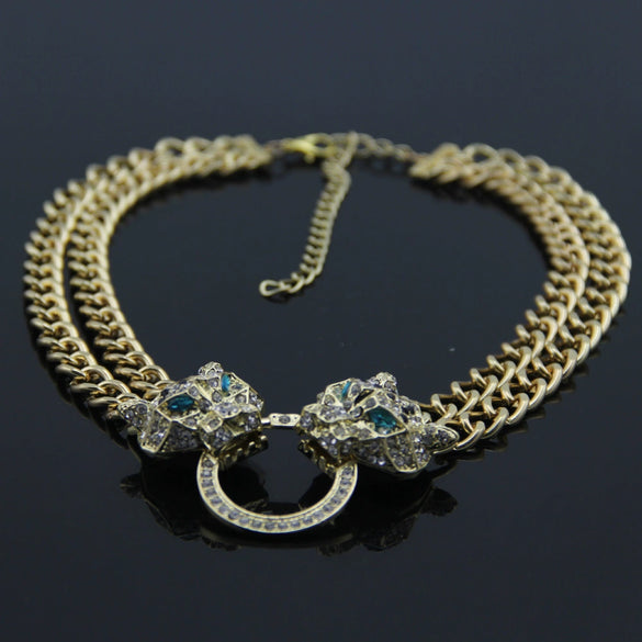 Wholesale Alloy Snake Bone Chain Necklace With Leopard Head Full Diamond Pendant Animal Zodiac Style