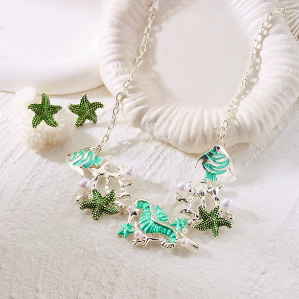 Wholesale Alloy Starfish Shell Coral Necklace And Earring Set For Women Electroplated Animal Zodiac Design