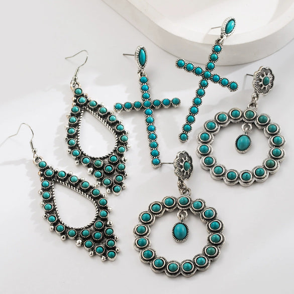 Wholesale Alloy Turquoise Inlaid Geometric Retro Cross Hollow Oval Women's Earrings Set