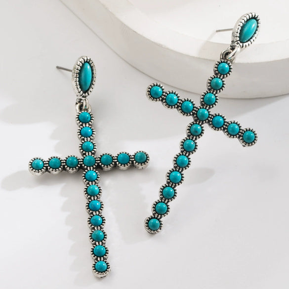 Wholesale Alloy Turquoise Inlaid Geometric Retro Cross Hollow Oval Women's Earrings Set