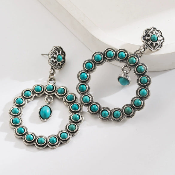 Wholesale Alloy Turquoise Inlaid Geometric Retro Cross Hollow Oval Women's Earrings Set
