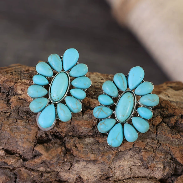 Wholesale Alloy Turquoise Oil Geometric Flower Exaggerated Electroplated Women's Earrings