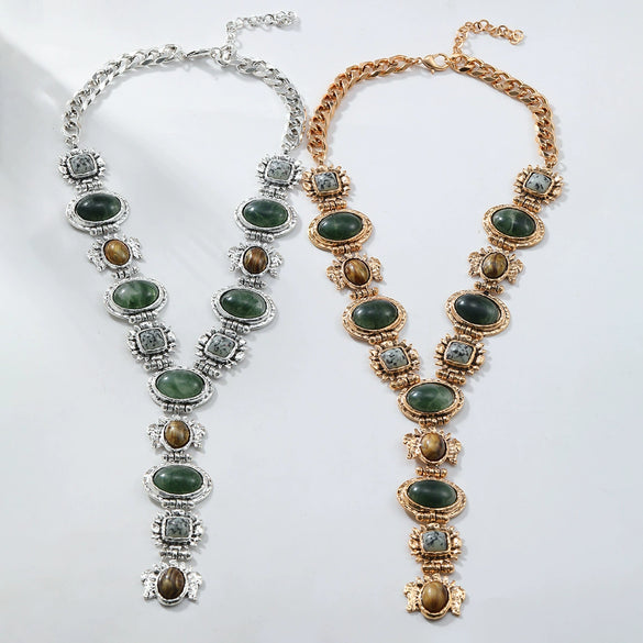 Wholesale Alloy Twist Chain Necklace With Imitation Natural Stone Embellishment And Retro Geometric Style For Ladies