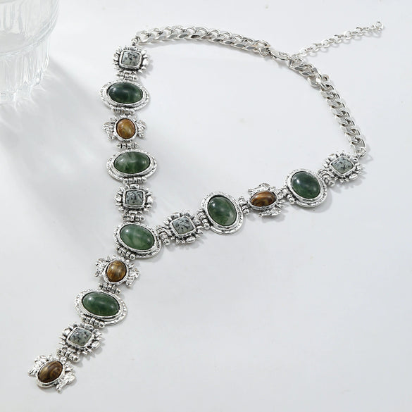 Wholesale Alloy Twist Chain Necklace With Imitation Natural Stone Embellishment And Retro Geometric Style For Ladies