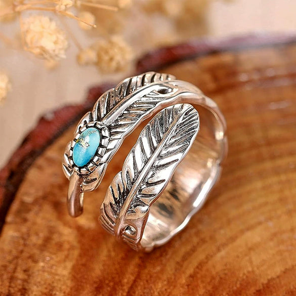 Wholesale Alloy Women's Bohemian Retro Style Ring With Inlaid Feather Leaves Geometric Electroplated