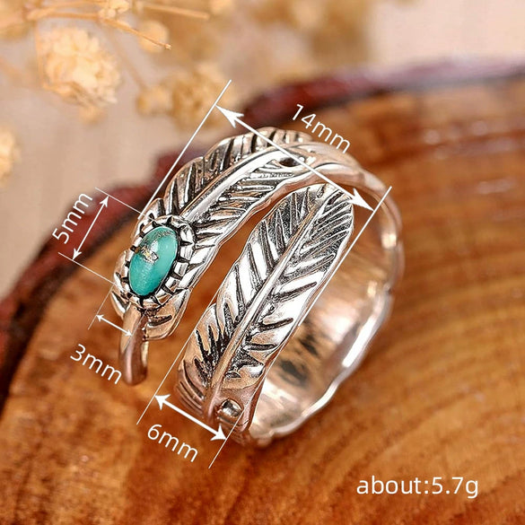 Wholesale Alloy Women's Bohemian Retro Style Ring With Inlaid Feather Leaves Geometric Electroplated