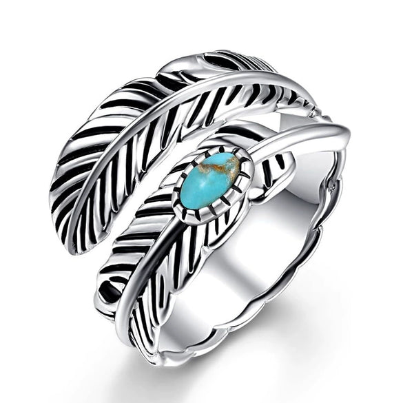 Wholesale Alloy Women's Bohemian Retro Style Ring With Inlaid Feather Leaves Geometric Electroplated