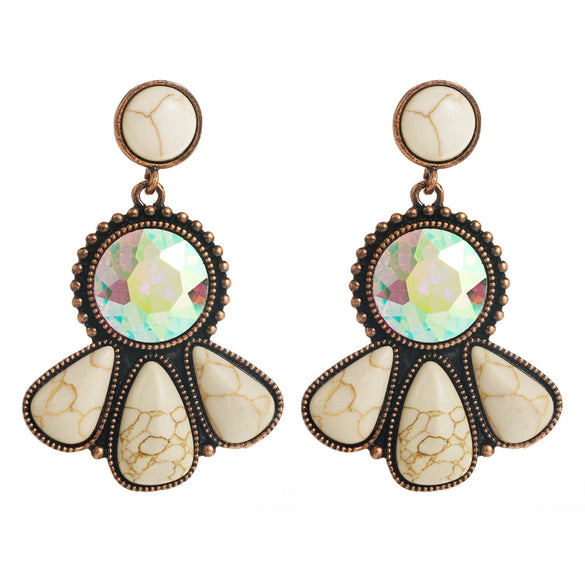 Wholesale Alloy Women's Retro Bohemian Style Flower Patterned Turquoise Earrings With Diamond Treatment