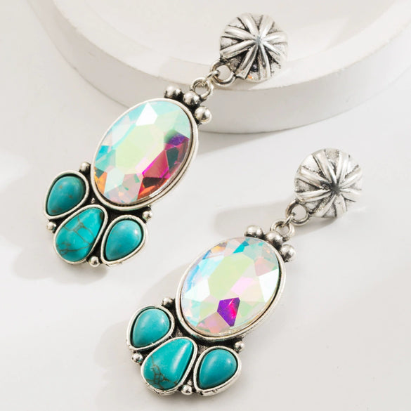 Wholesale Alloy Women's Retro Bohemian Style Flower Patterned Turquoise Earrings With Diamond Treatment