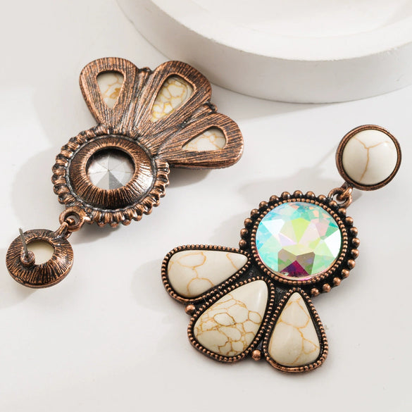 Wholesale Alloy Women's Retro Bohemian Style Flower Patterned Turquoise Earrings With Diamond Treatment