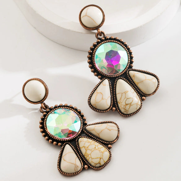 Wholesale Alloy Women's Retro Bohemian Style Flower Patterned Turquoise Earrings With Diamond Treatment