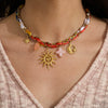 Wholesale Ancient Style Orange Printed Headscarf With Stainless Steel Electroplated Sun And Moon Pendant Jewelry For Women