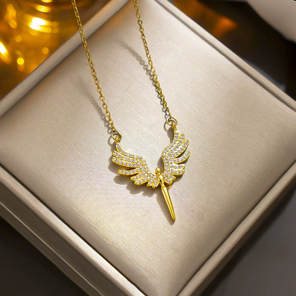 Wholesale Angel Wings Necklace With Micro Inlaid Colored Diamond Titanium Steel Animal Zodiac Pattern Gold Inlaid