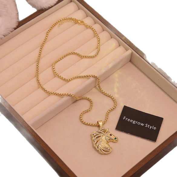 Wholesale Animal Zodiac Style Brass Micropaved Zircon 18K Plated Horse Pendant Necklace Accessories