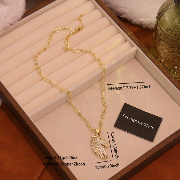 Wholesale Animal Zodiac Style Brass Micropaved Zircon 18K Plated Horse Pendant Necklace Accessories