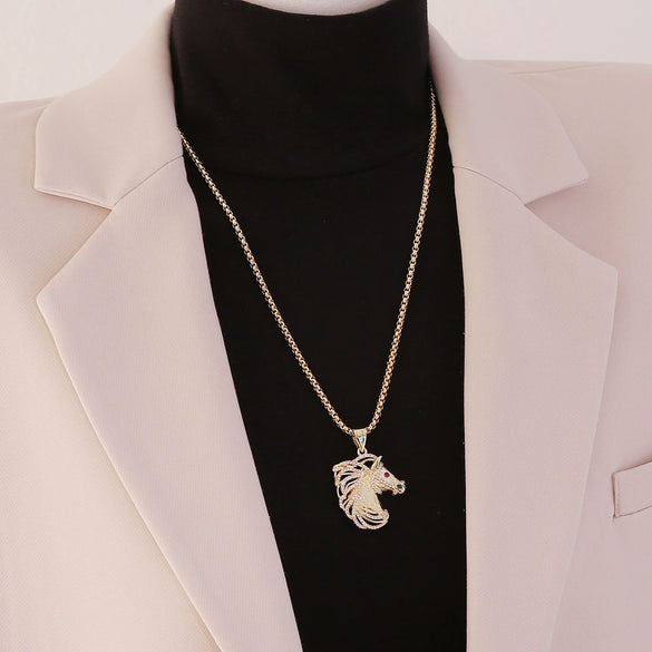 Wholesale Animal Zodiac Style Brass Micropaved Zircon 18K Plated Horse Pendant Necklace Accessories