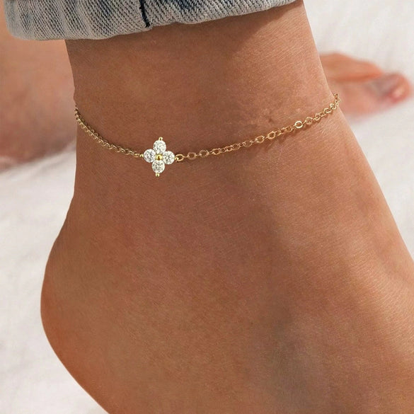 Wholesale Anklet Goldplated Artificial Gemstones Semiprecious Stones Fourleaf Clover Flowers Style