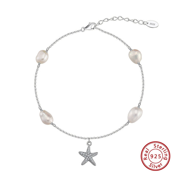 Wholesale Anklet S925 Sterling Silver Freshwater Pearl Fivepointed Star Pendant Women's Bohemian Style
