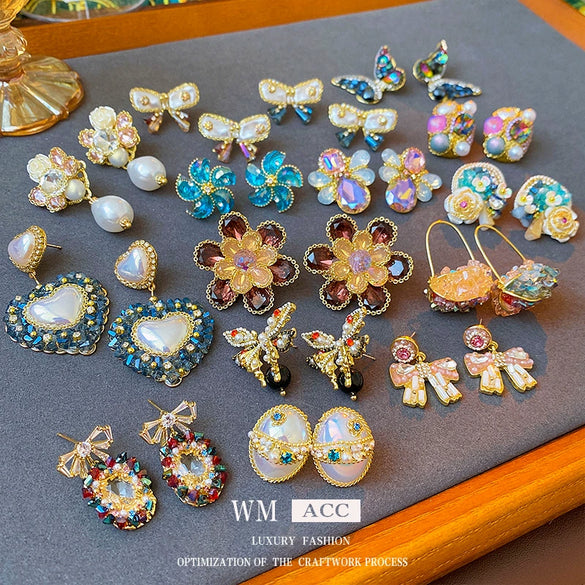 Wholesale Artificial Crystal Flower Heart Earrings Baroque Style Electroplated Girly