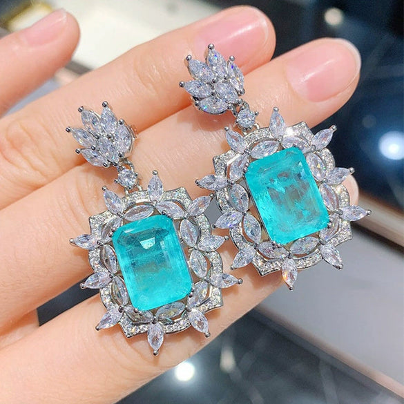 Wholesale Artificial Jewelry Copper Mixed Gem Inlay Geometric Exaggerated Style Pendant Necklace Earrings Set For Women