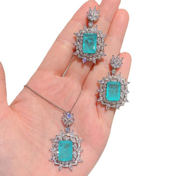 Wholesale Artificial Jewelry Copper Mixed Gem Inlay Geometric Exaggerated Style Pendant Necklace Earrings Set For Women