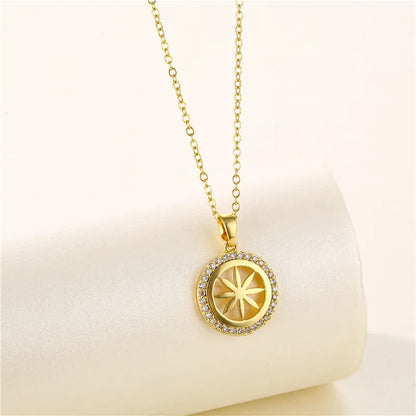 Stainless Steel Titanium Steel 18K Gold Plated Artistic Plating Inlay Geometric Circle Flower Zircon Pendant Necklace