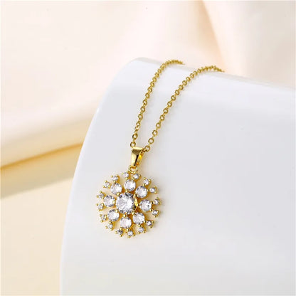 Stainless Steel Titanium Steel 18K Gold Plated Artistic Plating Inlay Geometric Circle Flower Zircon Pendant Necklace