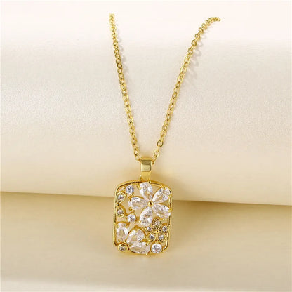 Stainless Steel Titanium Steel 18K Gold Plated Artistic Plating Inlay Geometric Circle Flower Zircon Pendant Necklace