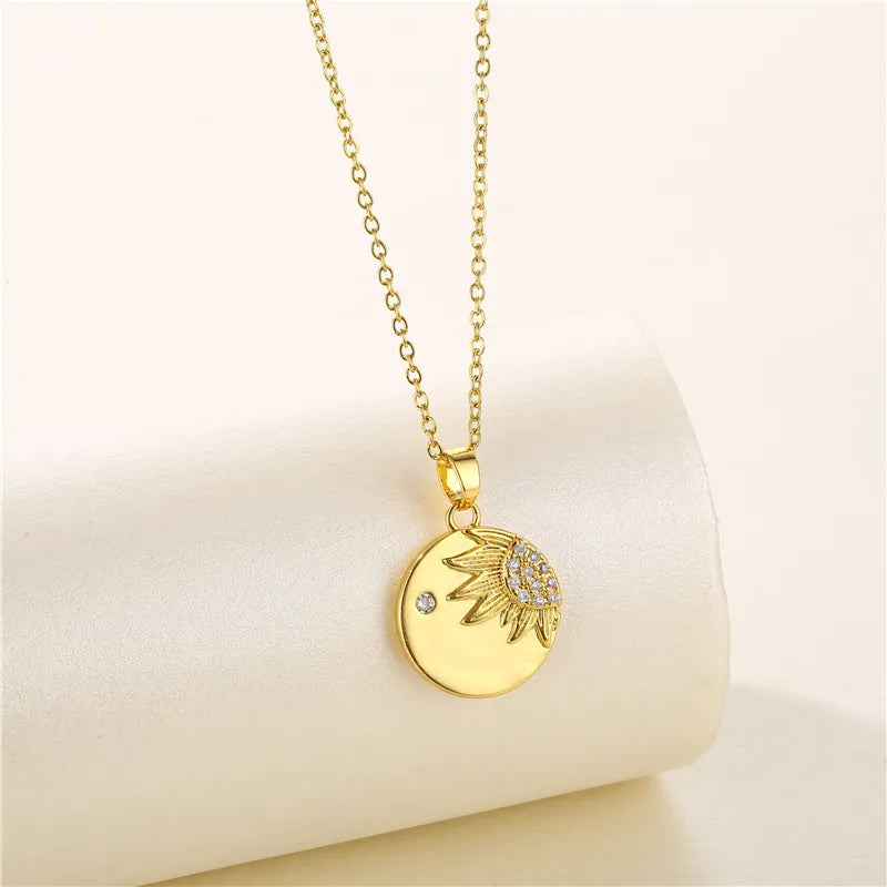 Stainless Steel Titanium Steel 18K Gold Plated Artistic Plating Inlay Geometric Circle Flower Zircon Pendant Necklace