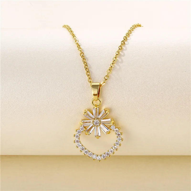 Stainless Steel Titanium Steel 18K Gold Plated Artistic Plating Inlay Geometric Circle Flower Zircon Pendant Necklace