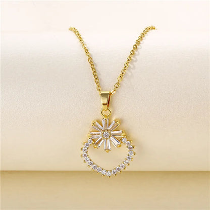 Stainless Steel Titanium Steel 18K Gold Plated Artistic Plating Inlay Geometric Circle Flower Zircon Pendant Necklace