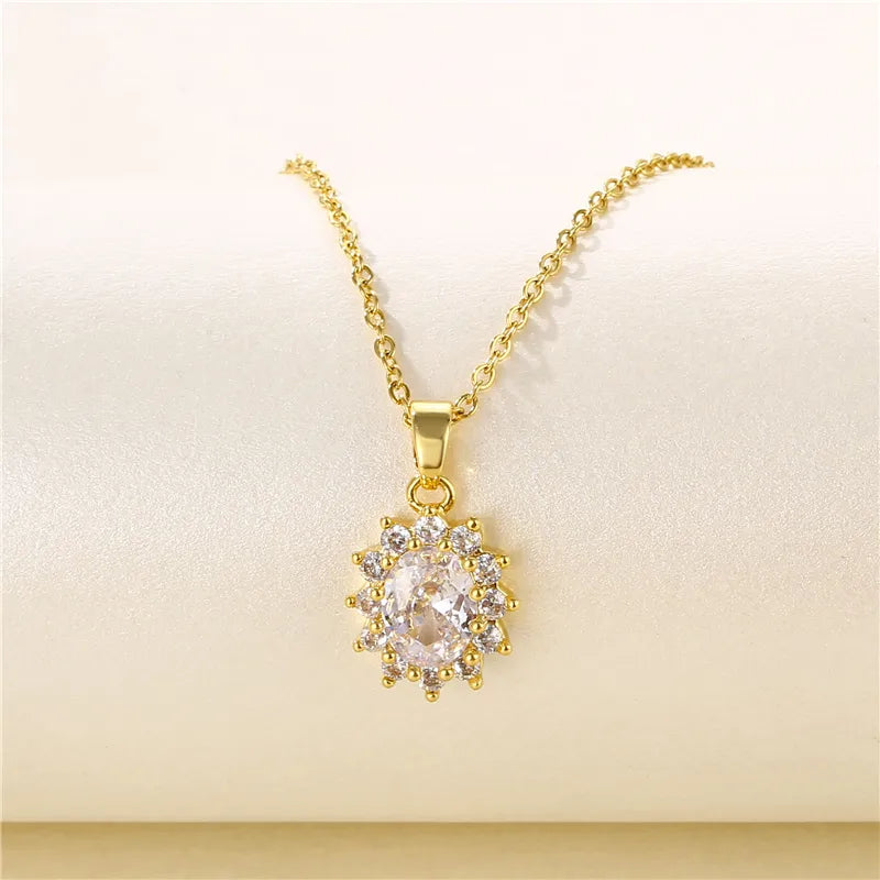 Stainless Steel Titanium Steel 18K Gold Plated Artistic Plating Inlay Geometric Circle Flower Zircon Pendant Necklace