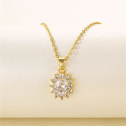 Stainless Steel Titanium Steel 18K Gold Plated Artistic Plating Inlay Geometric Circle Flower Zircon Pendant Necklace