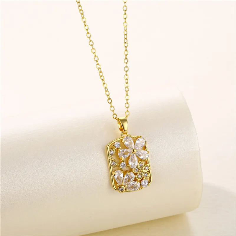 Stainless Steel Titanium Steel 18K Gold Plated Artistic Plating Inlay Geometric Circle Flower Zircon Pendant Necklace