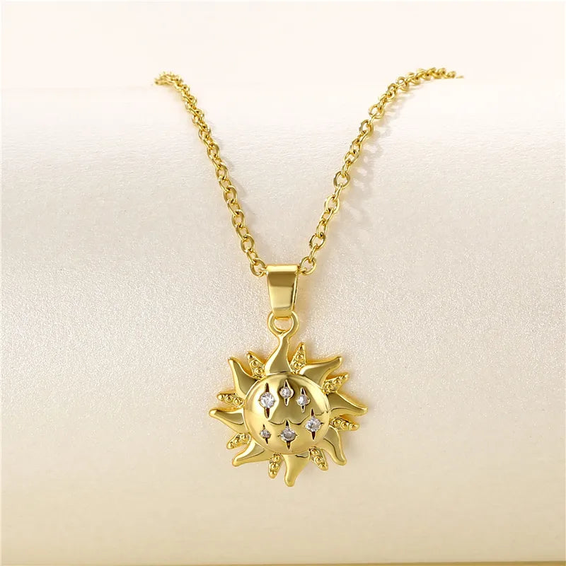 Stainless Steel Titanium Steel 18K Gold Plated Artistic Plating Inlay Geometric Circle Flower Zircon Pendant Necklace