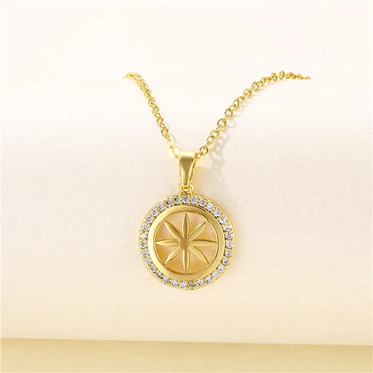 Stainless Steel Titanium Steel 18K Gold Plated Artistic Plating Inlay Geometric Circle Flower Zircon Pendant Necklace