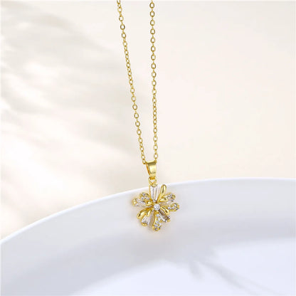 Stainless Steel Titanium Steel 18K Gold Plated Artistic Plating Inlay Leaves Heart Shape Cat Zircon Pendant Necklace