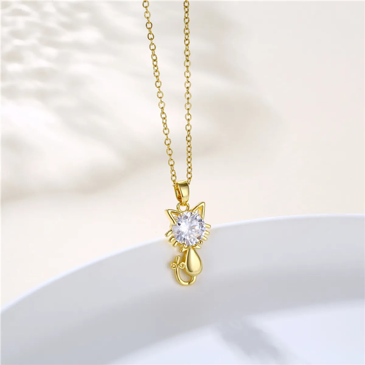 Stainless Steel Titanium Steel 18K Gold Plated Artistic Plating Inlay Leaves Heart Shape Cat Zircon Pendant Necklace