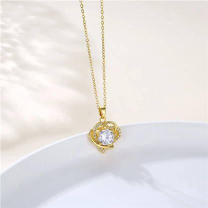 Stainless Steel Titanium Steel 18K Gold Plated Artistic Plating Inlay Leaves Heart Shape Cat Zircon Pendant Necklace