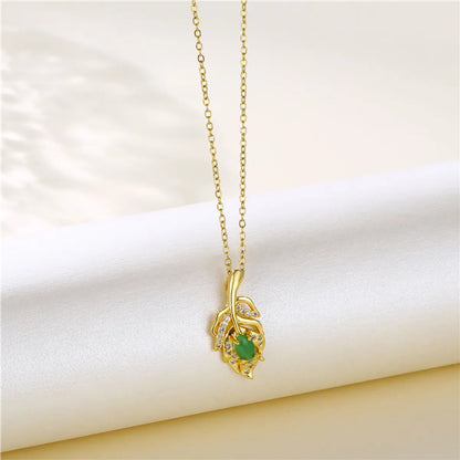 Stainless Steel Titanium Steel 18K Gold Plated Artistic Plating Inlay Leaves Heart Shape Cat Zircon Pendant Necklace