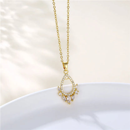 Stainless Steel Titanium Steel 18K Gold Plated Artistic Plating Inlay Leaves Heart Shape Cat Zircon Pendant Necklace