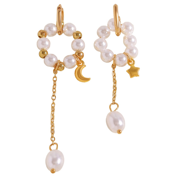 Wholesale Asymmetrical Long Tassel Star And Geometric Imitation Pearl Ear Clips For Women Electroplated