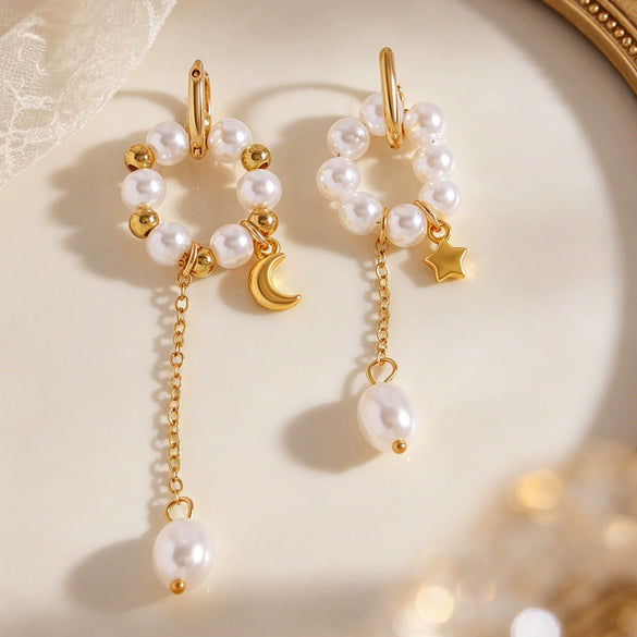 Wholesale Asymmetrical Long Tassel Star And Geometric Imitation Pearl Ear Clips For Women Electroplated
